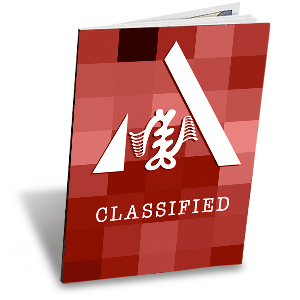 A red book with the word classified on it.