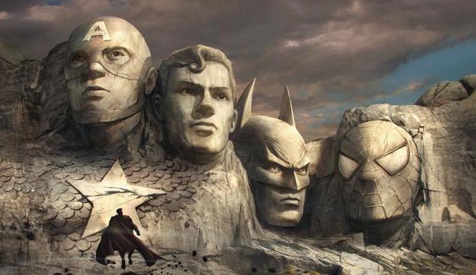 Superheroes carved into a mountainside.