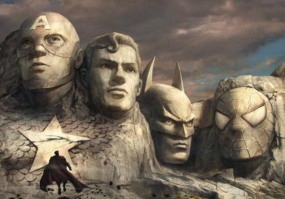 Superheroes carved into a mountainside.